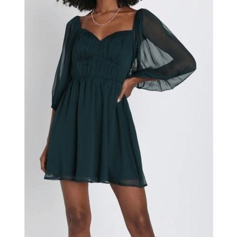 Lulus Women's Size Medium Teal Sheer Sleeve Scoop Back Dress
